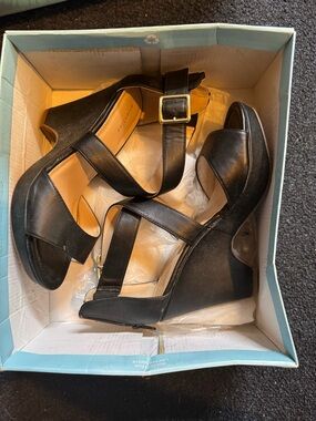 Black Wedge Heels with Ankle Strap - Women's